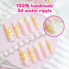 30Pcs French Tip Press on Nails, Ink Green Chinese Style Fake Nails, Almond French Tip Press on Nails for Women/Girl (yellow, 24pcs)