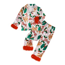 MAINESAKA Baby Girl Christmas Satin Pajamas Toddler Kids Furry Cuff Button Down Top And Pants Silk Pjs Set Sleepwear Clothes (H-Green, 2-3 Years)