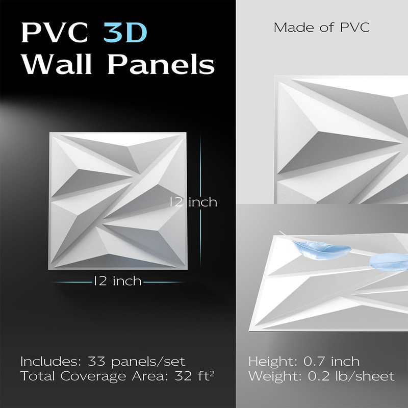 Lebenforce PVC 3D Wall Panels, White, 12"x12"