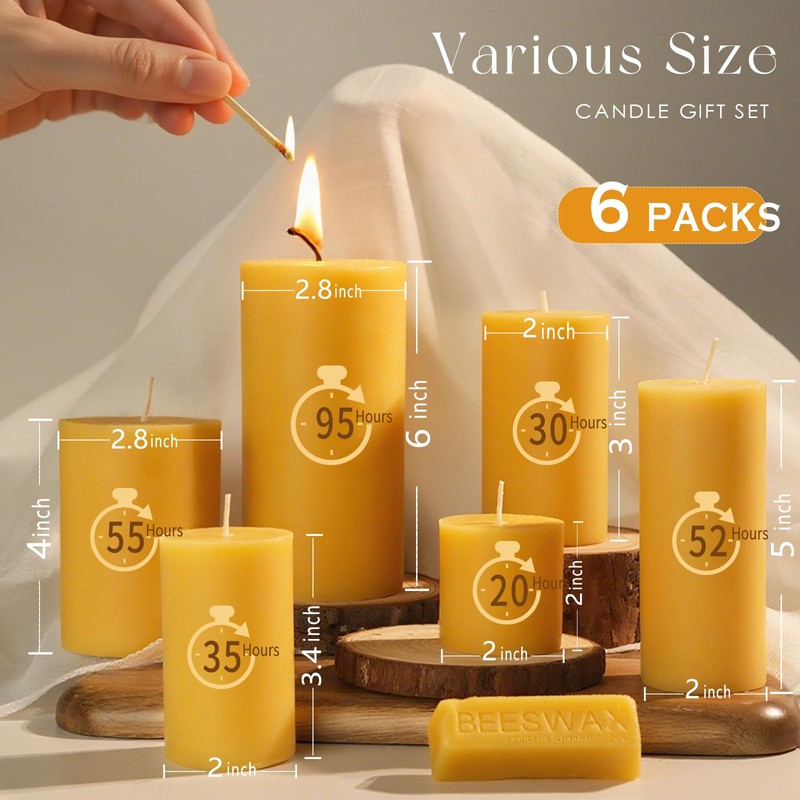 Natural Beeswax Candles Set of 6, Handmade Beeswax Pillar Candles