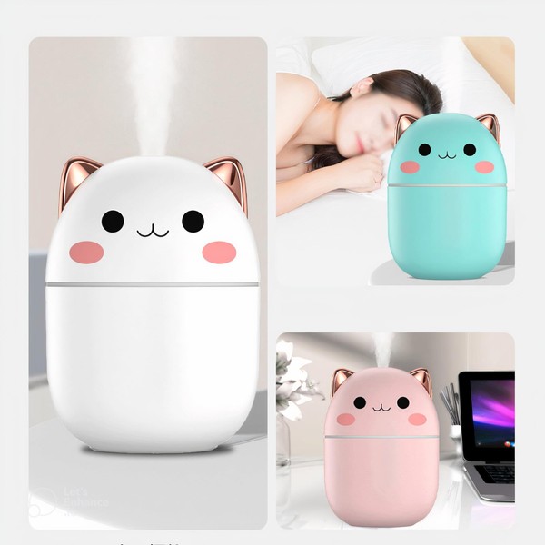 Cute Cat USB Humidifier - Colourfull Light, Aromatherapy, Better Sleep, Air Quality, & Furniture Preservation, Enhance Wellness and Comfort! (White)