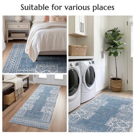 jinchan Area Rug 2x3 Ultra-Thin Door Mat Washable Vintage Boho Geometric Entryway Rug Non-Slip Non-Shedding Carpet for Bathroom Bedroom Laundry Room Blue Ivory