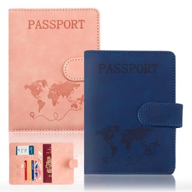 2 Pcs Passport Holder, Passport Cover Travel Wallet Organiser, Passport Case with RFID Buckle Closure PU Leather Document Holder for Men Women Family Gifts Essential Travel Accessories (Pink & Blue)