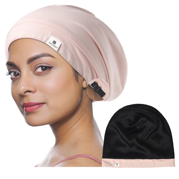 YANIBEST 100% Mulberry Silk Lined Sleep Cap Silk Bonnet for Sleeping - Pink Hair Cover Bonnet for Natural Hair Adjustable Slouchy Beanie Hat
