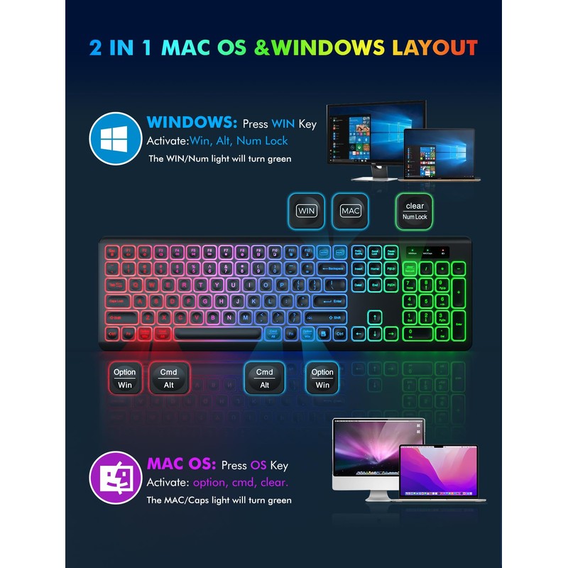 Wireless Keyboard and Mouse Combo, RGB Backlit, Rechargeable & Light