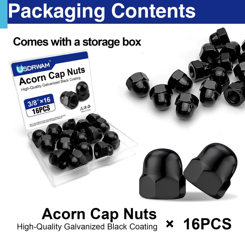 16Pcs 3/8"-16 Acorn Cap Nuts, Zinc Plating-Black Hex Head Acorn
