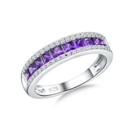 RANDES Amethyst Band Rings for Women February Birthstone Ring 925 Sterling Silver Channel Set Princess Cut Purple Stone Ring Size 7