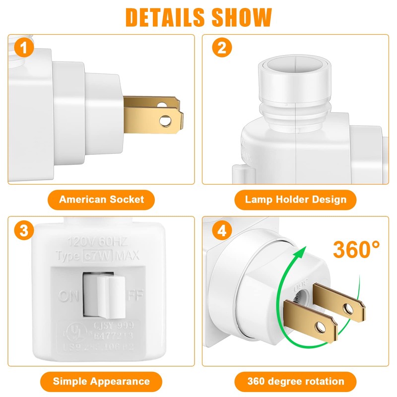 Reginary 8 Sets Night Light Bases, 360° Plug in Rotating