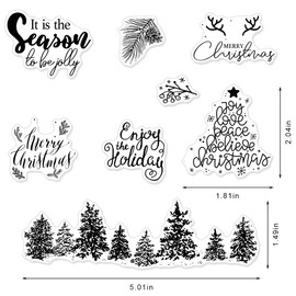 Merry Christmas Clear Silicone Stamps Decorative Xmas Theme Forest Christmas Tree Clear Rubber Scrapbooking Stamps with Sentiment for Card Making DIY Photo Album