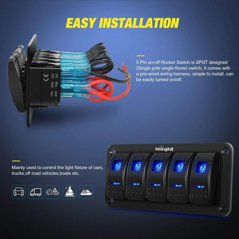 Nilight Aluminum Rocker Switch Panel Toggle Dash 5 Pin for