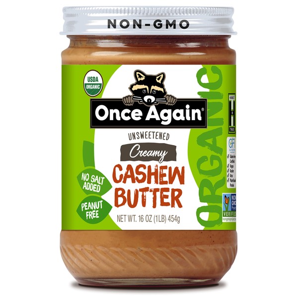 Once Again Organic Creamy Cashew Butter, 16oz - Unsweetened - USDA Organic, Gluten free Certified, Vegan, Kosher, Peanut Free - Glass Jar… (1 Jar)