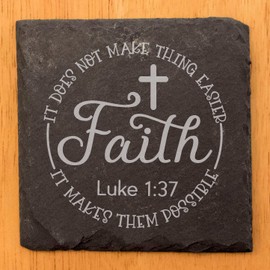 Faith and Hope: Laser Etched Slate Coasters: "Faith" Luke 1:37 with Elegant Cross Design - Square Slate - set of 8