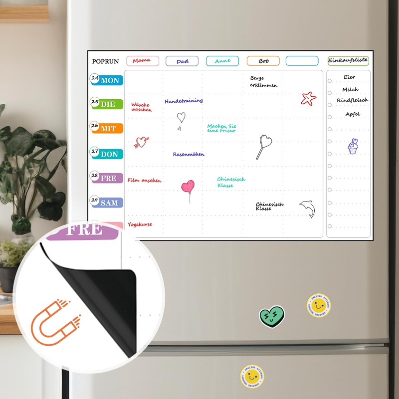POPRUN Magnetic Family Planner Weekly Planner Magnetic Board Fridge Wipe