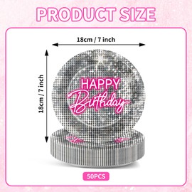 50pcs Silver Sequins Pink Neon Birthday Paper Plates Shimmer Hot Pink Disposable Dessert Plates Disco Silver Glitter Party Decorations 80s Neon Light Tableware Decor for Girls Women Birthday Party