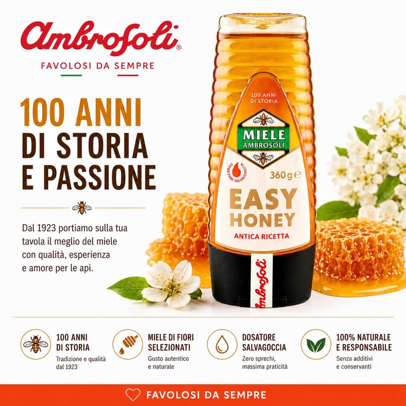Ambrosoli Easy Honey 360 g – Miele con Dosatore Salvagoccia,