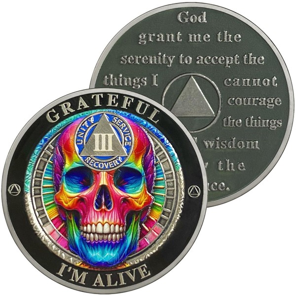 DeDecoml Sobriety Token Rainbow Skull Design with Inspirational Prayer（3 Year）