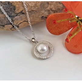 Schöner-SD 925 Silver Necklace with Pearl Pendant Freshwater Pearl Cubic Zirconia, Silver