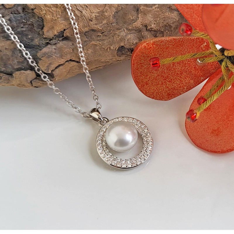 Schöner-SD 925 Silver Necklace with Pearl Pendant Freshwater Pearl Cubic