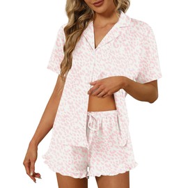 Ekouaer Pajamas Set for Women Short Sleeve Sleepwear Button Down Pjs Lounge Sets Soft Nightwear Pink Leopard Large