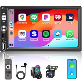 7” Wireless Apple CarPlay Double Din Car Stereo,FM Car Radio,Bluetooth 5.2,IPS Touchscreen 1024 * 600, Backup Camera,EQ Audio,Dual USB+Type-c Charging,Subwoord,Android Auto,Navigation,CarPlay MP5