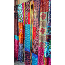 EthinicCraftHub® 2 Pcs of Indian Vintage Light-Filtering Sari Colorful Curtains- Multi Color Handmade Patchwork Curtains Drapes Home Decor Curtain