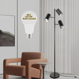 Ldeco Tree Floor Lamp with 3 Light 9W E26 LED Bulbs,Black Standing Tall Pole Lamp with 3 Adjustable Rotating Lights,Modern Floor Lamp for Living Room Bedroom Office,Reading Room