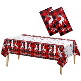 Elk 2 Pack Plastic Tablecloths - 54 x 108 Inches for Rectangle Tables - Disposable Xmas Table Cover - Merry Christmas Party Decorations
