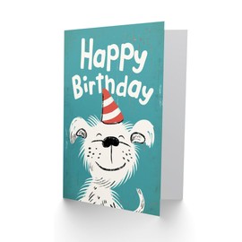 Artery8 Birthday Card White Dog with Party Hat Fun Quirky Cartoon For Child Kids Greeting Card