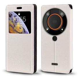 Shantime Viewable Window Leather Flip Case Compatible with AGM Glory SE, Elegant Design Clear Display Invisible Magnetic Cover and Card Slot(White)