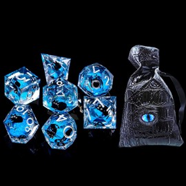 HAOMEJA Cat Liquid Core Resin Dice Set 7Pcs with Bag Sharp Edge Polyhedral Dice, Apply to D&D Dungeons & Dragons Role-Playing Games D20, D12, D10, D8, D6, D4 Games Gift (Blue & Silver Word)