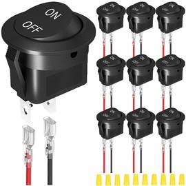 MKBKLLJY Round Rocker Switch 12V DC ON Off Switch Circle Black Rocker Switch 2Pin SPST 2Position 6A/250V 10A/125V AC 20mm Mini Rocker Switch with Clamp Wires Wiring Cap for Car Pack of 10