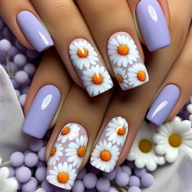 Flower Press on Nails Medium Square SWEKKE Purple Fake Nails Floral False Nails with Designs White Daisy Glossy Glue on Nails Summer Spring Nails Acrylic Nails for Women Girls 24 Pcs