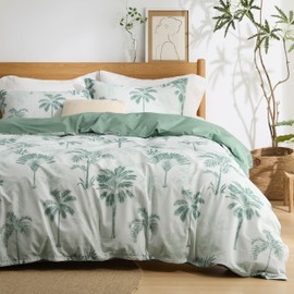 Bedsure Duvet Cover Queen Size - 100% Cotton Reversible Floral Queen Duvet Cover Set with Zipper Closure, 3 Pieces Soft & Breathable Green Milieu Bedding Set with 2 Pillow Shams 20"x26"
