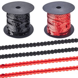 CABODYALS 2 Rolls 100 Yards 6 mm Black and Red Flat Sequin Trim Roll Sold by The Metre Bulk Sparkling Round Beads Sequin Stripes Belt Fabric Ribbon for Sewing Clothes Bed Linen Party Decoration