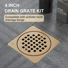 Yaseingoo New 4 Inch Shower Floor Drain Grate Kit Champagne Bronze - Compatible with Schluter Kerdi-Drain Flange, with Adjustable Collar, Removable Square Replacement Set, SUS304 Stainless Steel Grate