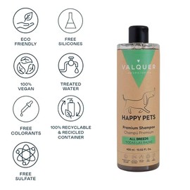 VALQUER Happy Pets Shampoo Premium Perros y Gatos | para Todas Las Razas | Limpieza Profunda, Hidratación y Brillo con Té Matcha y Vitamina B5 | Sin Sulfatos, Siliconas ni Colorantes | 400 ml