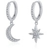 Womens Moon Star Dangle Small Hoop Cubic Zirconia Earrings Girls Sterling Silver Crystal Asymmetrical Snowflake Crescent Drop Mini Cartilage Clip Jewelry Delicate Birthday Gifts (1# Silver)