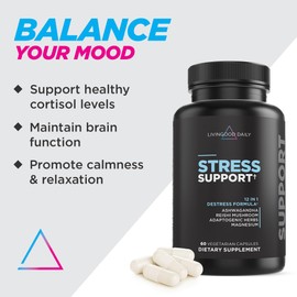 Livingood Daily Stress Support, 12-in-1 Supplement with Ashwagandha, Reishi Mushroom, Vitamin B6, Adaptogenic Herbs & Magnesium, Supports Mood & Calm, Gluten Free, Vegan, 60 Vegetarian Capsules