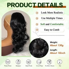 Mayouda Ponytail Extension,18 Inch Long Wavy Curly Drawstring Ponytail Hair Extension for Women Clip in High Hairpiece Fake Pony Tails Hair Synthetic Extensions, Natural Black