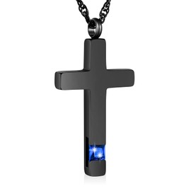 Dletay Cross Necklace for Ashes Stainless Steel Cremation Jewelry for Ashes Gem Blue Zircon Urn Necklace for Men Women Ash Holder