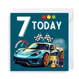 Second Ave Racing Car 7th Birthday Age 7 Square Children's Kids Birthday Greeting Card for Boy or Girl