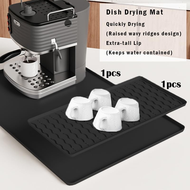 Silicone Coffee Mat,16''x24'' Coffee Bar Mat with Detachable Dish Drying