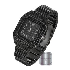 Halukakah Men's Watch - The King - Rhodium Black Plated, 40MM Square Dial, Diamonds Iced Out Wristband, Comes in Giftbox, Present for Boyfriend Husband