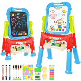 Amogoing Easel for Kids, Adjustable Standing Art Easel for Toddler, Double Magnetic Drawing Board with Painting Accessories, Gift for Little Boys and Girls Age 3 4 5, Blue