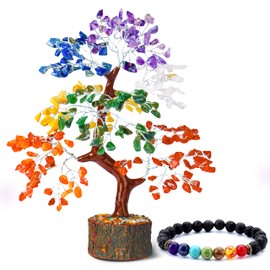 Reikved 7 Seven Chakra Crystal Natural Gemstone Bonsai Money Tree with Chakra Bracelet for Reiki Healing Good Luck, Home Office Decor Gift 300 Beads Size 10-12 Inches (Seven Chakra Silver)