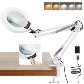 10X Magnifying Glass with Light and Clamp, Real Glass Stand Lighted Magnifier, 5 Color Modes Stepless Dimmable LED Desk Lamp Hands Free for Crafts Hobby Reading Painting Sewing Close Work White