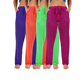 Sexy Basics Women's 4 Pack Casual Active Relaxed Flowy Fit Lounge & Yoga Pants (4 Pack-Neon- Green/Purple/Red/PinkFuschia, Medium)
