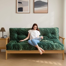 MAXYOYO 6" Futon Mattress Full Size, Velvet Thick Futons Sofa Couch Bed, Versatile Floor Mattress for Adults, Shredded Foam Filling (Frame Not Included), Green