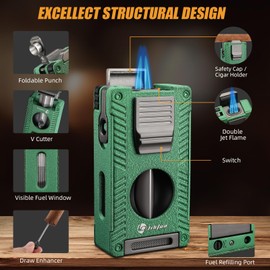 LIHTUN Cigar Torch Lighter, All in 1 Cigar Lighter Built in Cigar Cutter V Cut Cigar Holder Punch Draw Enhancer, Double Jet Flame Refillable Butane Lighters for Smoking, Gifts for Men