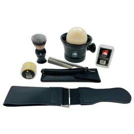 G.B.S Juego de afeitado para hombre – Deluxe Shave Ready Straight Razor 6/8 pulgadas de acero al carbono taza de afeitar, cerdas sintéticas, cepillo de afeitar, jabón, funda de afeitar, bloque de aluminio y Strop el mejor juego de Navidad para hombres